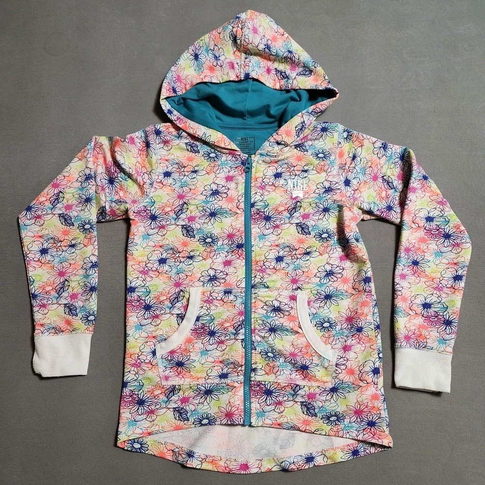 Nike Girls Full Zip Hoodie Sweatshirt L Neon Floral Print